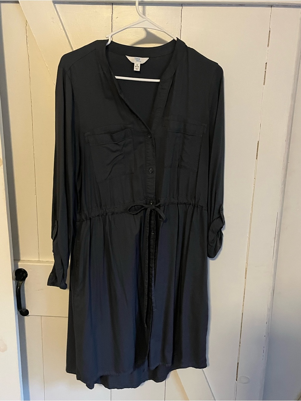 Women's Dark Gray Button-Front Shirt Dress with Drawstring Waist